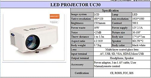 UNIC UC30 LED Mini Projector specification table
