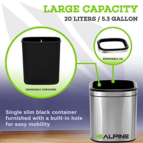 Alpine Industries 20 L / 5.3 Gal Stainless Steel Slim Open Trash Can - Compact Garbage Bin - Wide Access Top Slender Durable Receptacle With Sturdy Plastic Liner #TOP6