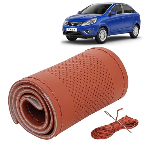 Image of KINGSWAY PU Leatherite Car Steering Cover Sewable Compatible with Tata Zest (Year 2014 Onwards), Tan Color with Tan Thread, Pack of 1 with Sewing Needle and Thread