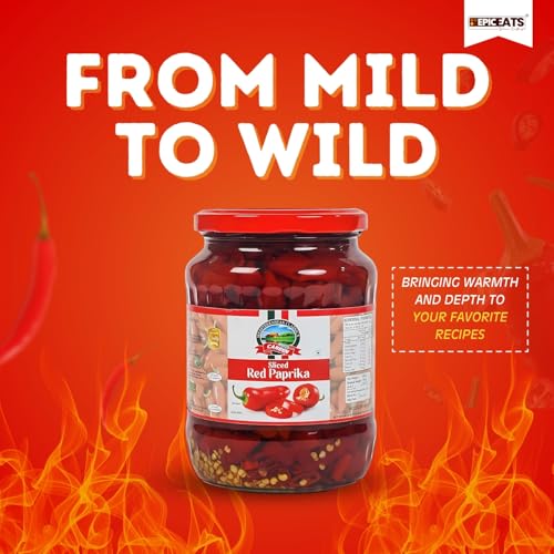 Image of CANEEN Sliced Red Paprika in Jar - 100% Vegan, Ready-to-Eat, Fiber-Rich - Ideal Topping for Pizza, Pasta, Burgers, Snacks & Salads 680g (Pack of 1)