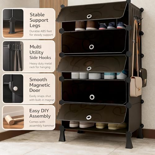 Image of Owme 5 Door Portable Shoe Rack Cabinet with Flip Door | Space Saving Multi Layer Shoe Organizer for Entryway Living Room | Multi Layer Storage for Sneakers, Heels & Boots - Black
