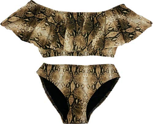 Image of Girl's Cute & Comfortable Two Piece Ruffle Front Bathing Suit Bikini | Swimsuit (Large 14, Brown Snake)