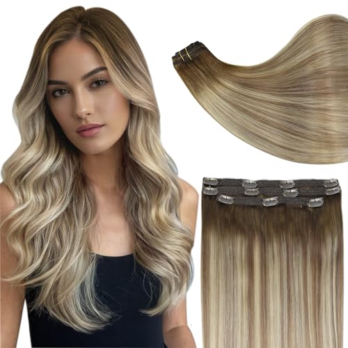 Image of Full Shine Human Hair Extensions Clip In Ash Brown Ombre Blonde 17 Inch 60g | 3 Pcs, Lightweight Fill Ins for Thin Hair, Lace Weft, Heat Styling Friendly, Shoulder-Length Hair Blending, Secure Hold