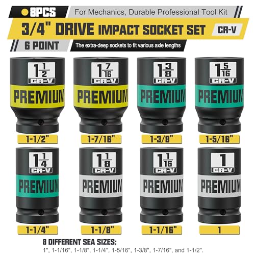Image of 8pcs 3 /4 inch Drive Impact Socket Set, SAE Axle Nut Sockets, 1 inch to 1-1 /2 inch Thicker Jumbo Sockets, Socket Set, 6 Point, Cr-V, for Mechanics, Durable Professional Tool Kit