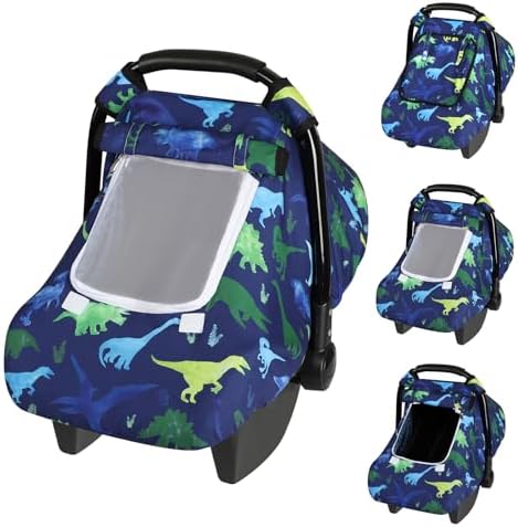 Windproof Baby Car Seat Cover, 3D Mink Dot Infant Car Seat Canopy with Breathable Mesh Window, Baby Carrier Cover for All Seasons, Easy Access Carseat Carrie Snug Fit Stroller, (Dinosaur)