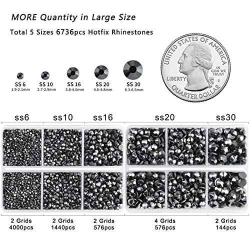 Image of 6736pcs Hotfix Rhinestones Flatback,Jet Hematite Rhinestones for Crafts Clothes Mixed 5 Sizes, Hotfix Crystals with Tweezers and Wax Pencil Kit, SS6-SS30, Jet Hematite