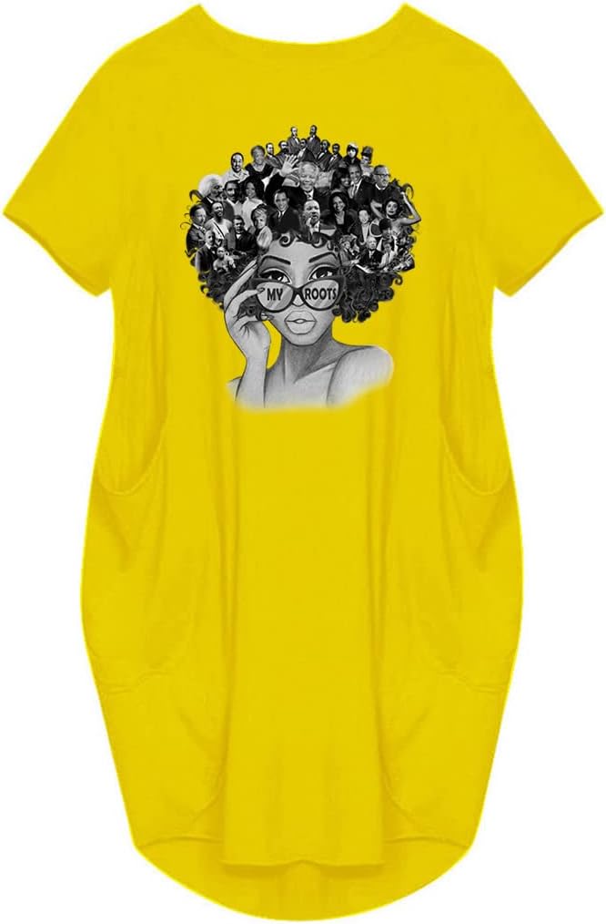 WbJetr My Roots Printed Short Sleeve Pocket Dress Black Woman Afro Tunic Tops