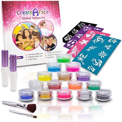 Glitter Tattoo Kit - Amazing Gift Idea for Girls (15 X-Large Color Jars, 32 Temporary Tattoos Stencils, 2 Glue Applicator & 2 Cosmetic Brushes) Hypoallergenic, Waterproof and Easy to Apply