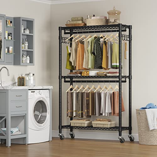 Vipek V12 Portable Closets Heavy Duty Rolling Garment Rack 3 Tiers Adjustable Wire Shelving Clothes Rack With Double Rods And Side Hooks, Freestanding Wardrobe Storage Rack Metal Clothing Rack, Black #TOP2