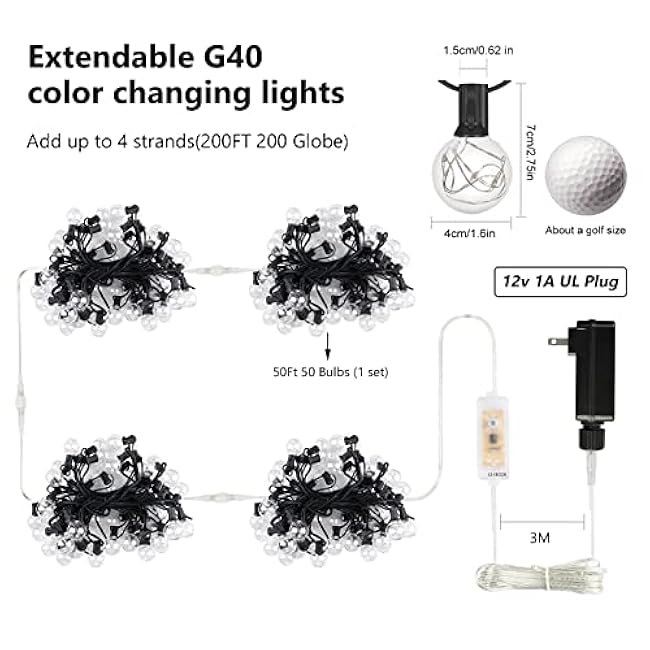 OMIKA 50FT Outdoor String Lights, Patio Light Outdoor Waterproof with 50+2 Shatterproof Dimmable G40 Bulbs, Color Changing LED Outside Light Connectable Hanging Lights for Pergola Backyard Party