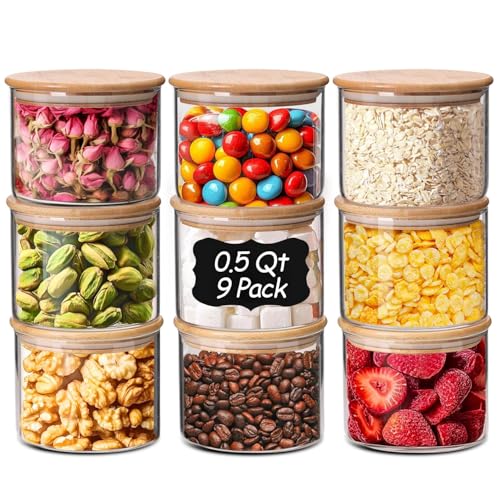 Image of ComSaf Glass Storage Containers with Lids 0.5 Qt, 9 Pack Small Glass Jars
