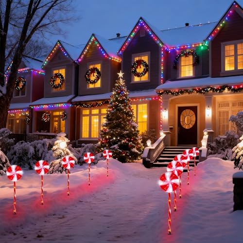BRIGHTDECK Lollipop Solar Christmas Pathway Lights Outdoor, 10 Pack LED Christmas Decor with 8 Lighting Modes, Light Up Solar Stake Lights for Holiday, Xmas, Walkway, Sidewalk (Red, 10 PCS) by BRIGHTDECK - Image 5