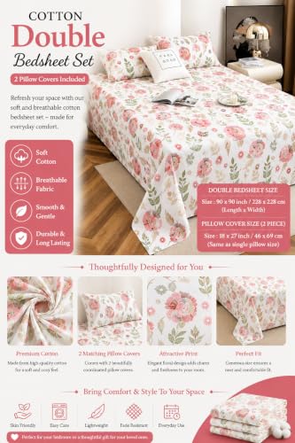 Image of IVAZA 240 TC Soft Ezyption Cotton Floral Print King Size Bedsheet - with 2 Pillow Covers, Hypoallergenic, Brethable, (Size- 90 x 90 Inch) White Green