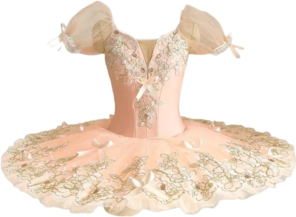 Girls Tutu Ballet Dress Professional Bow Swan Lake Skirt Pancake Embroidery Dancewear Costume,120cm,Champagne
