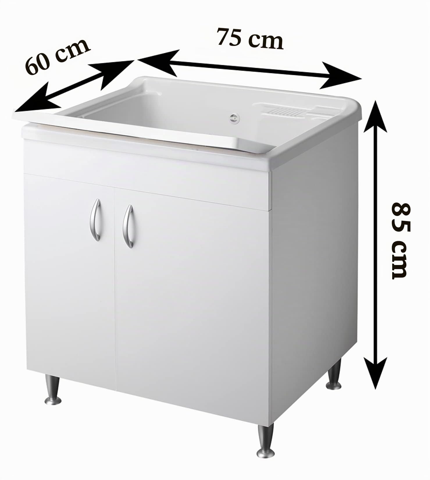 Negrari Eco Bianco Lavatoio 75x60 L75 P60 H85 CM Lavapanni Bagno Lavanderia Base Mobile Nobilitato Idrofugo Legno Vasca Intera Grande Plastica Asse Piedini Ante Battenti Economico Qualità Medio Alta