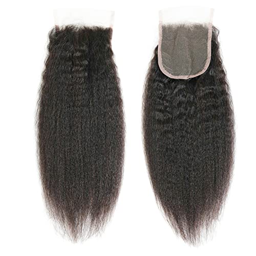 LINYINGYH Closure Human Hair Kinky Straight Yaki 14 Inch Brazilian Virgin Hair Remy 4x4 Free Part Closure 150% Density Light Brown Lace Pre Plucked with Baby Hair Natural Color Same Direction Cuticle