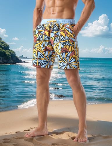 Men's Swim Trunk Fan Print Relaxed Fit Soft Washed Drawstring Board Shorts3