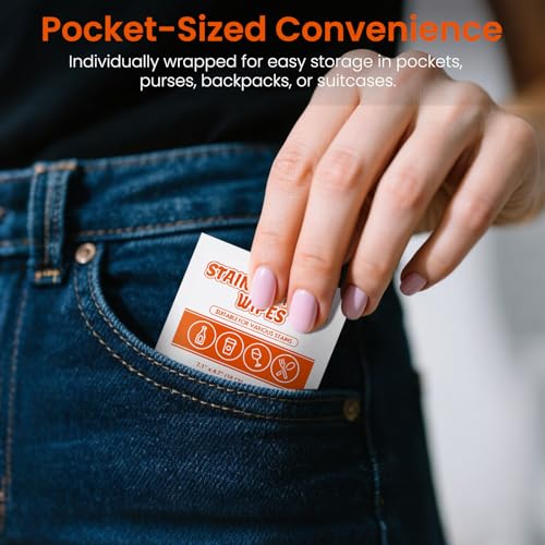 Image of Stain Remover Wet Wipes Bulk, Individual Wrapped Clothes Portable Travel Messy Eater Cleaning Laundry Stain Removal Wipes Pocket Size for Clothing Fabric /Wine /Fast Food 7.1 x 4.7 Inch (White 200)