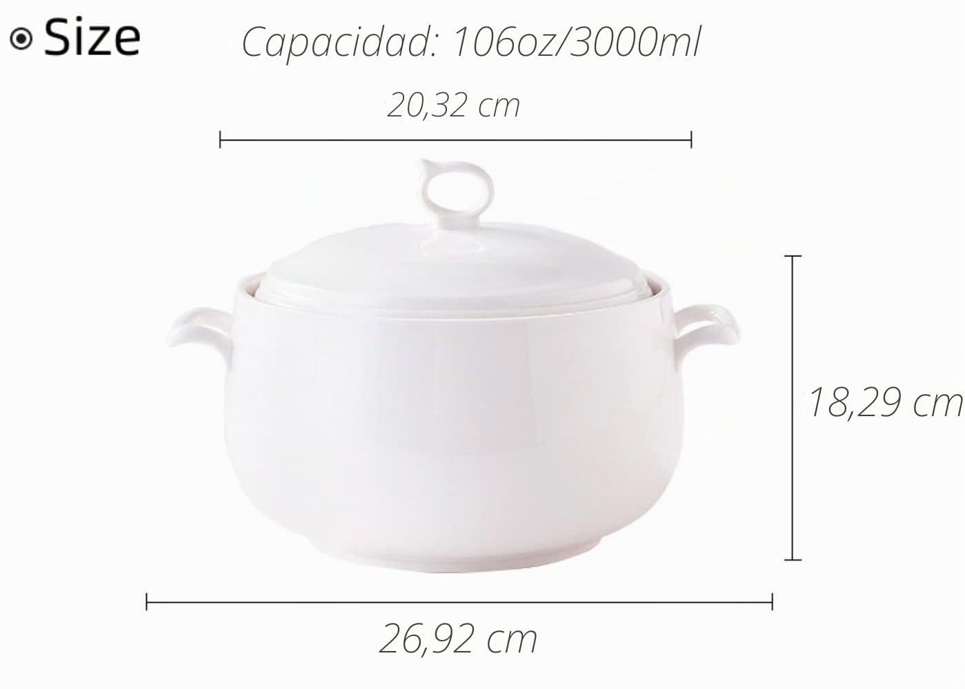 Tureen de cerámica con tapa, 3 L de gran capacidad para servir con asas dobles para cocina, porcelana, blanco puro, apto para microondas y lavavajillas (tipo 1)