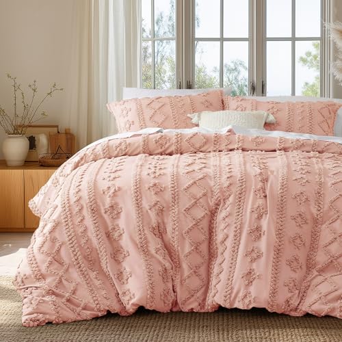 Image of Bedsure Boho Duvet Cover King Size, Soft & Comfortable Elegant Design Boho Bedding for Decoration, Machine Washable Comforter Cover for All Seasons,Includes 1 Duvet Cover & 2 Pillow Shams,Light Pink