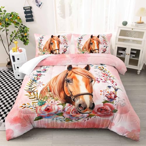 Image of AILONEN Beautiful Horse Comforter Set Twin Size, Horse with Floral Hoop Bedding Set for Kids Girls,Kawaii Animal Duvet Set,Pink Theme Bed in a Bag,Soft Microfiber,1 Quilt and 2 Pillowcases
