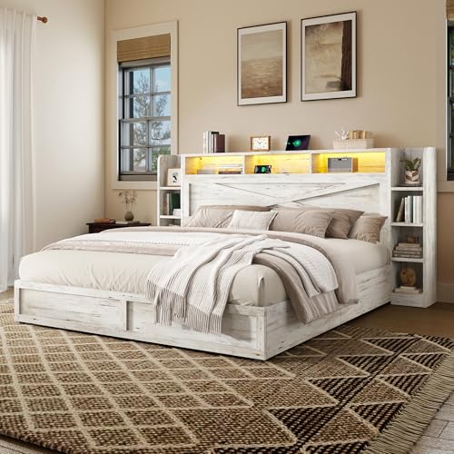 Image of AMERLIFE 45'' Farmhouse King Bed Frame with 4 Drawers, LED Bed Frame with Bookcase Headboard & Side Shelves, Wood Platform Bed with Charging Station, White