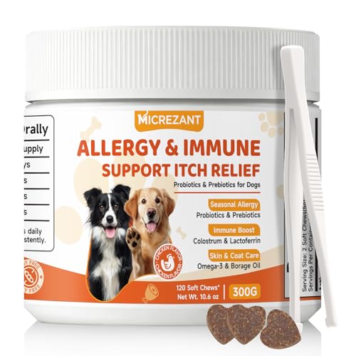 Dog Allergy Chews with Feeding Tweezers, Dog Probiotics for Itchy Skin and Ears, Bovine Colostrum, Lactoferrin and Multivitamins to Ssupport Immune Health for All Ages/Breeds, Chicken, 120 ct/300g