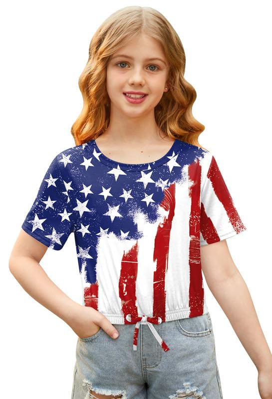BesserBay 4th of July Girls USA Flag Elastic Drawstring Crop Tops 6-14 Years