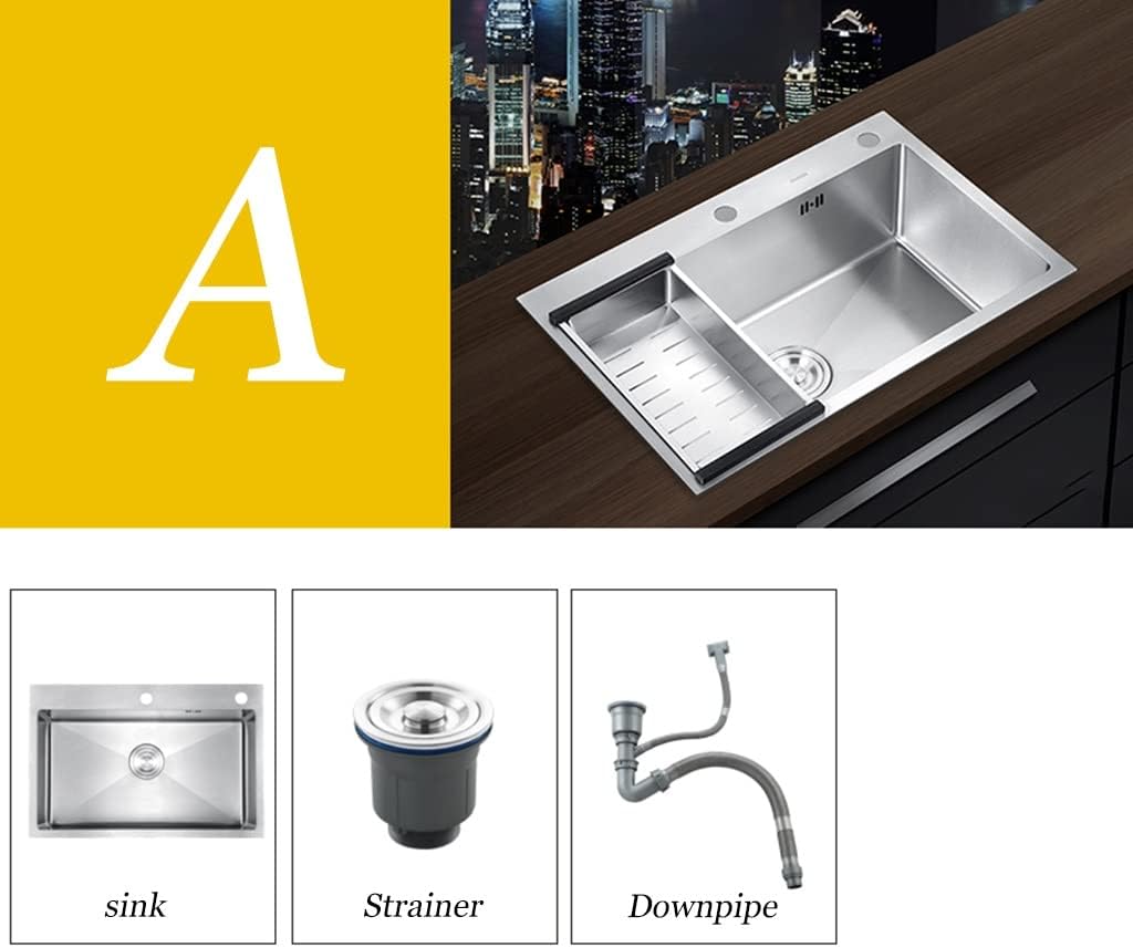 Stainless Steel Sink Handmade Sink Brushed Thickened Sink Sink Set Vegetable Sink (Color : Silver(A), Style : 58 * 43 * 20cm)