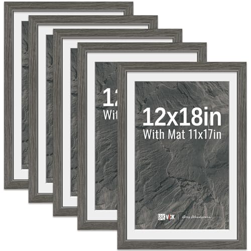 Image of VCK 12x18 Frame 5 Pack, Grey Wood, 11x17 Mat, Glass, for Poster Prints