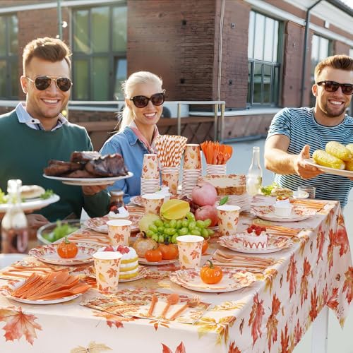 Image of Funnymoom 452 Pcs Thanksgiving Fall Party Decorations, Maple Leaves Thanksgiving Paper Plates Napkins Cups Tablecloth Cutlery Straws for Autumn Fall Theme Birthday Holiday Party Supplies, Serves 50