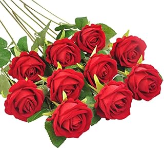 Huspox Fake Roses Artificial Flowers with Long Stem for Decoration Bouquet Wedding Floral Arrangement 10pcs (Champagne)