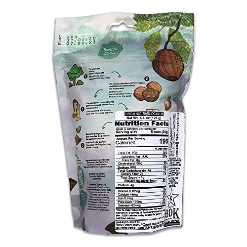 Raw Brazil Nuts - (4.4oz - 125g) - Sustainable Harvesting, Certified Organic, Handpicked, Fresh, Whole, Jumbo Size, Unsalted Brazilian Nuts - Non-Gmo, Keto Friendly, Vegan, Kosher