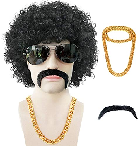 ANOGOL Wig Cap+ { 1 Gold Necklace + 1 Black Beard } Short Black Curly Wig for Men Synthetic Wig for 80s Disco Wig Halloween Christamas party