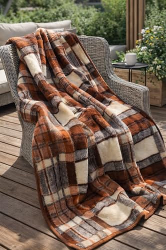 Merino Wool Manta de cama Super King de 250 x 200 cm, con marca de lana, natural y cómoda ***Manta de cama a cuadros