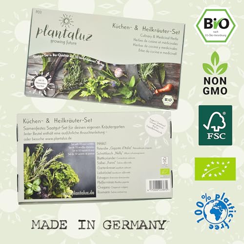 Plantaluz Bio Heilkräuter & Küchenkräuter Samen Set – 10 Sorten Kräuter Saatgut für Outdoor & Indoor – Inkl. handgeprägter Holz-Pflanzstäbchen – Kräutergewächsset & Hausapotheke – Samenfeste Qualität