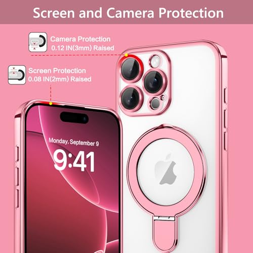 Image of GUAGUA for iPhone 16 Pro Max Case Compatible with Magsafe Clear iPhone 16 Pro Max Cases Plating Edge Invisible Ring Holder Shockproof Protective Kickstand Phone Cover for Phone 16 Pro Max 6.9 inch, Pink