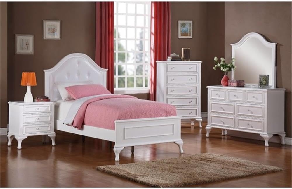 Pemberly Row 5-Piece Twin Kids Bedroom Set, Solid Wood, White Finish, Faux Leather Headboard, Crystal Knobs, Dustproof Drawers, Includes Bed, Dresser, Mirror, Nightstand, Chest for Children's Room