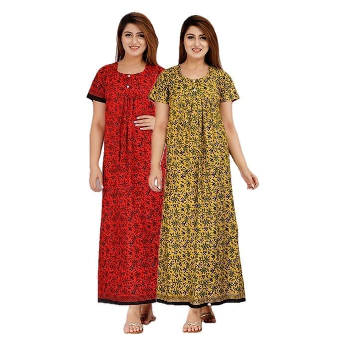 Image of NILOUFO Women's Cotton Printed Maxi Nighty - Pack of 2 | Soft Ankle-Length Sleepwear Gowns for Women | Free Size Night Dresses (Red,MusterdYellow, Free Size)