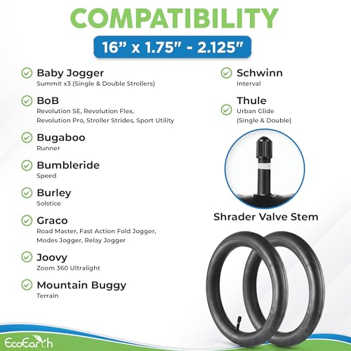 Image of EcoEarth Inner Tube Tire Replacements (2 Pack, 16 inch x 1.5 /1.75 /1.95 /2.125) for Kids Bike & Jogging Stroller, Compatible w /All Brands: BoB Revolution Flex /Pro /SE /SU, Graco, Go Jogging & More