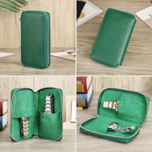 Image of CONTACT'S FAMILY Genuine Leather Watch Box Watches Organizer 2 Slot Zipper Watch Holder Pouch for Travel Vintage Watches Case and Storage Bag (Green)