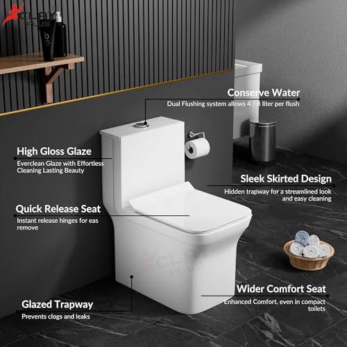 Image of Clay Plus Premium P-Trap Rimless Ceramic Western Toilet for Bathroom, Hotel, Hospital, Lavoratory, One-Piece Floor Mounted Water Closet with Soft Close Seat Cover for Home & Bathroom