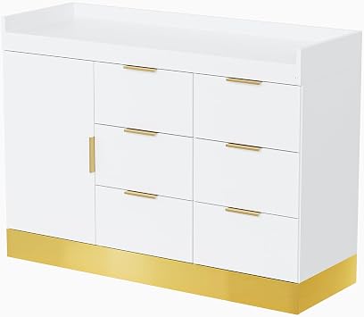 OmySalon Salon Station, Free Standing Cabinet Barber Hair Styling Stations, Beauty Spa Barbershop Organize Equipment with 6 Drawers and 1 Storage Cabinet, White Gold