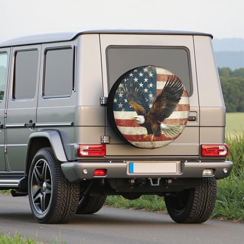 Image of American Flag Spare Tire Cover Brown Bald Eagle Wheel Covers 14 Inch | White Star,Polyester,Protectors Tire Cover,Waterproof,Dust-Proof,Universal,Fit for RV Jeep SUV Motor Travel Camper Tires