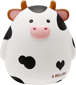 H&W Cow Piggy Bank, M Size, Unbreakable Coin Box for Kids, Cute Animal Money Bank Birthday for Boys Girls,Coin Saving Boxes (White)