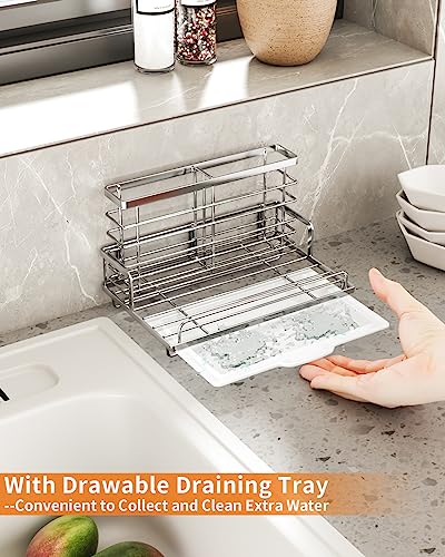 Swtymiki Kitchen Sink Caddy, Rustproof Sponge Holder For Kitchen Sink With Pull-Out Drainage Tray Large Capacity Kitchen Sink Organizer With Detachable Sponge & Brush Basket, Silver #TOP3