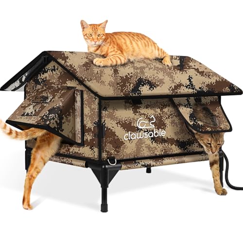 Indestructible Gable Roof Heated Cat House for Outside Winter, 100% Waterproof, Safe Escape Door, Insulated Outdoor Cat Shelter with Heater for Feral Barn Cat Kitty (Desert Camouflage, 24x16x19)