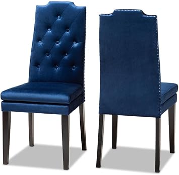 Baxton Studio Dylin Modern and Contemporary Navy Blue Velvet Fabric Upholstered Button Tufted Wood Dining Chair Set