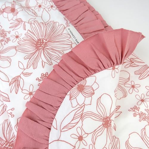 Image of HonestBaby Knit Stroller Blanket with Trim Detail and Baby Hat 100% Organic Cotton for Infant Boys, Girls, Sketchy Floral Pink (2-Pack), One Size