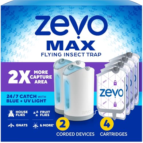 Zevo MAX Insect and Fly Trap for Indoors, Flying Insect Trap for Mosquitoes, House and Fruit Flies, Use in Any Room, Mess-Free Disposal (2 Bases)